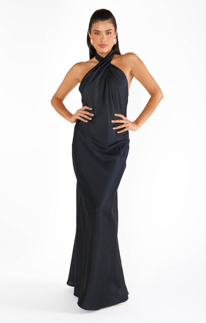 Jasmine Halter Maxi Dress ~ Black Luxe Satin