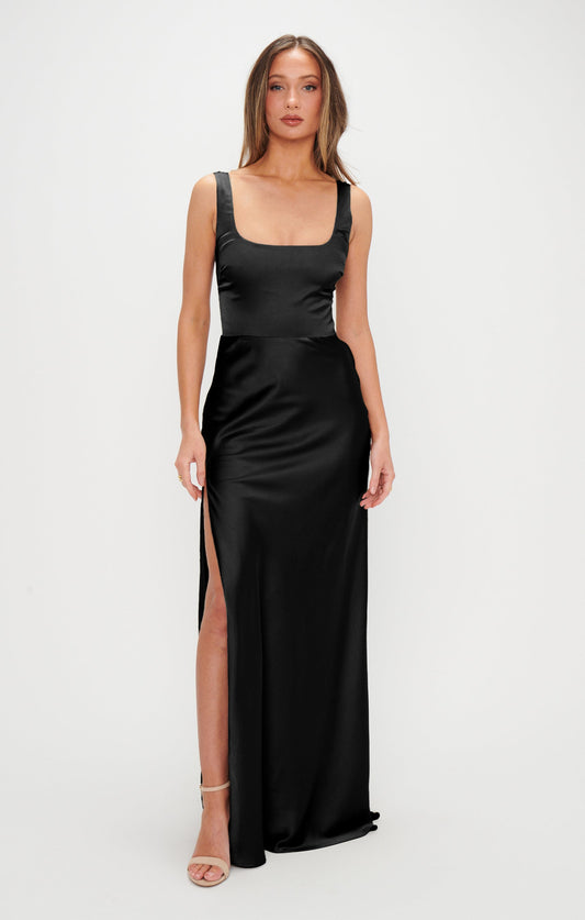 Lana Maxi Dress ~ Black Luxe Satin