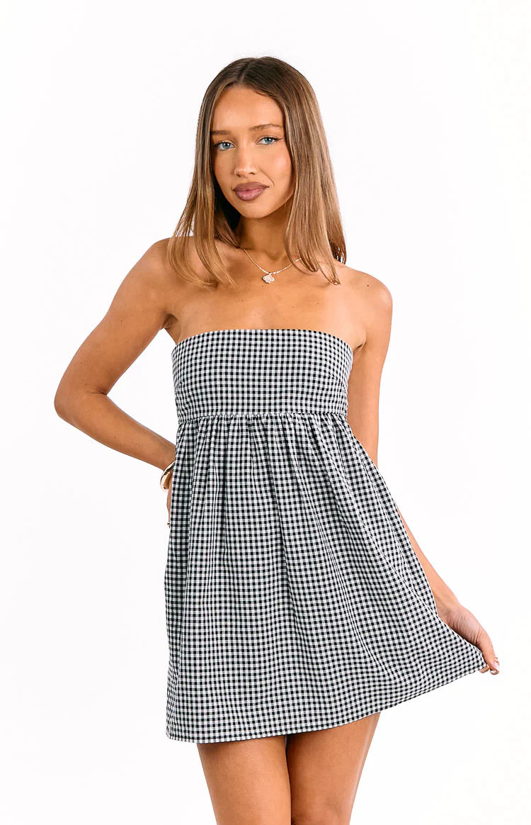 Berrie Black Gingham Strapless Mini Dress