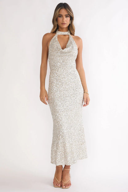 Sky Of Diamonds Backless Midi Dress Sequin Silver