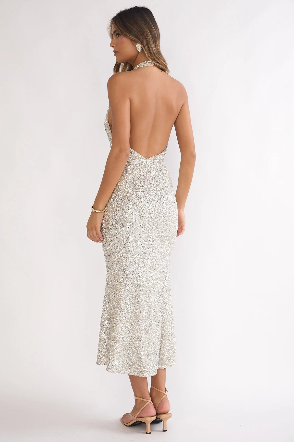 Sky Of Diamonds Backless Midi Dress Sequin Silver