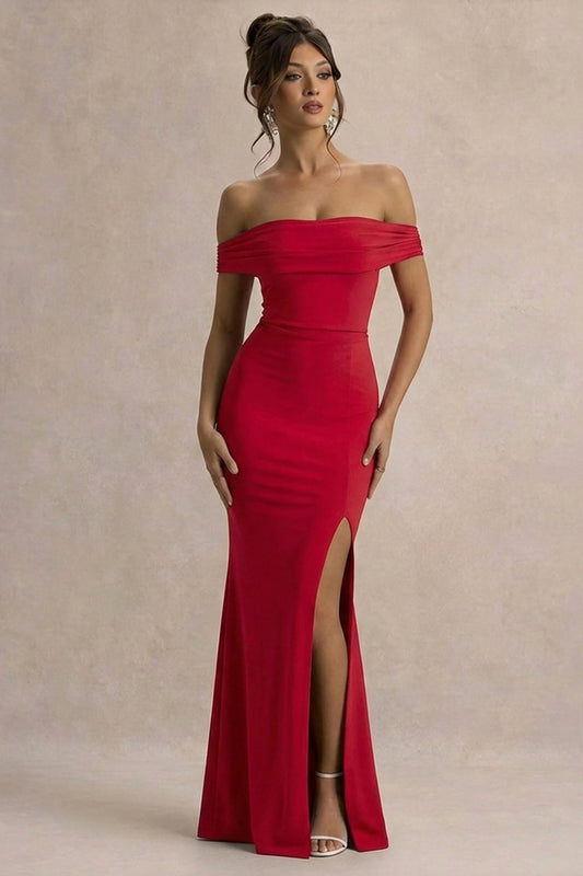 Law of Attraction | Red Bardot Draped Split Maxi Dress