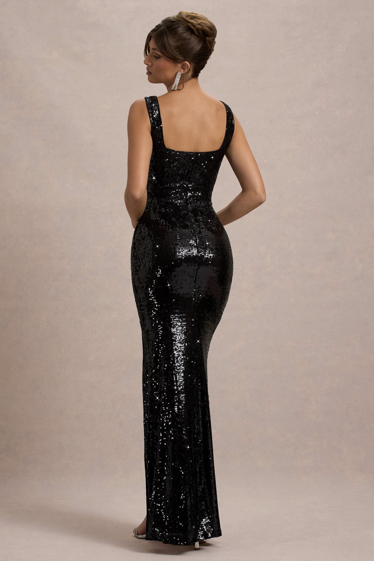 High Life | Black Sequin Square Neck Split Front Maxi Dress