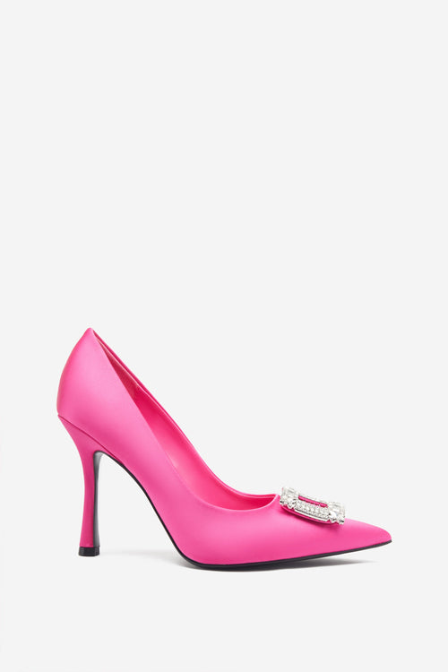 Lawless | Hot Pink Satin Pointed Court Heels With Diamante Brooches