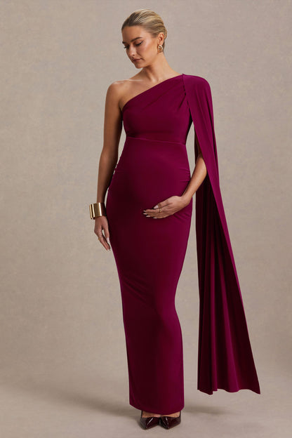Amaryllis | Berry Maternity One Shoulder Maxi Dress with Cape Sleeve