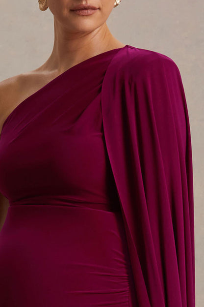 Amaryllis | Berry Maternity One Shoulder Maxi Dress with Cape Sleeve