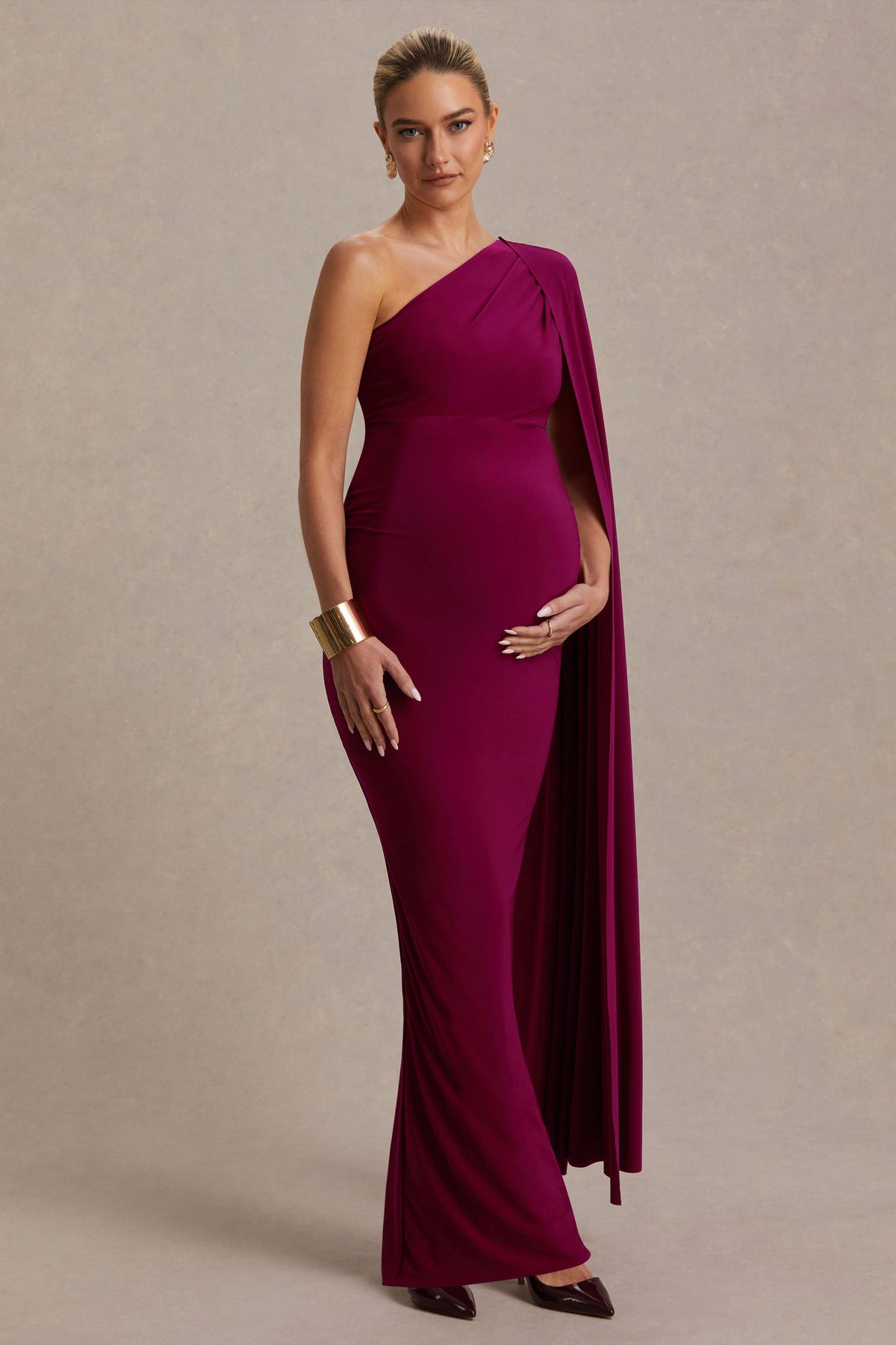 Amaryllis | Berry Maternity One Shoulder Maxi Dress with Cape Sleeve