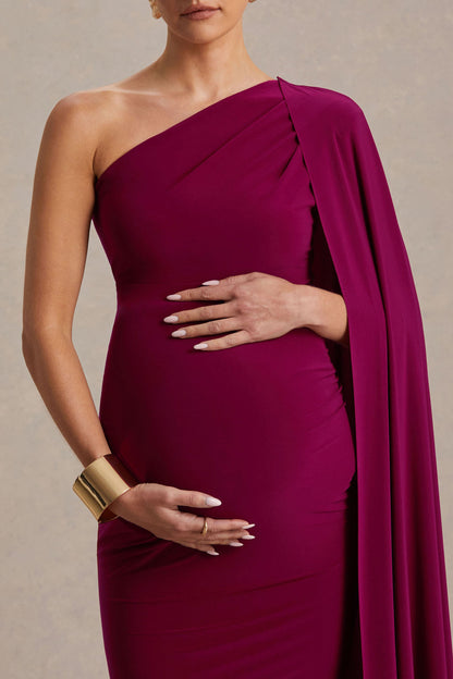 Amaryllis | Berry Maternity One Shoulder Maxi Dress with Cape Sleeve