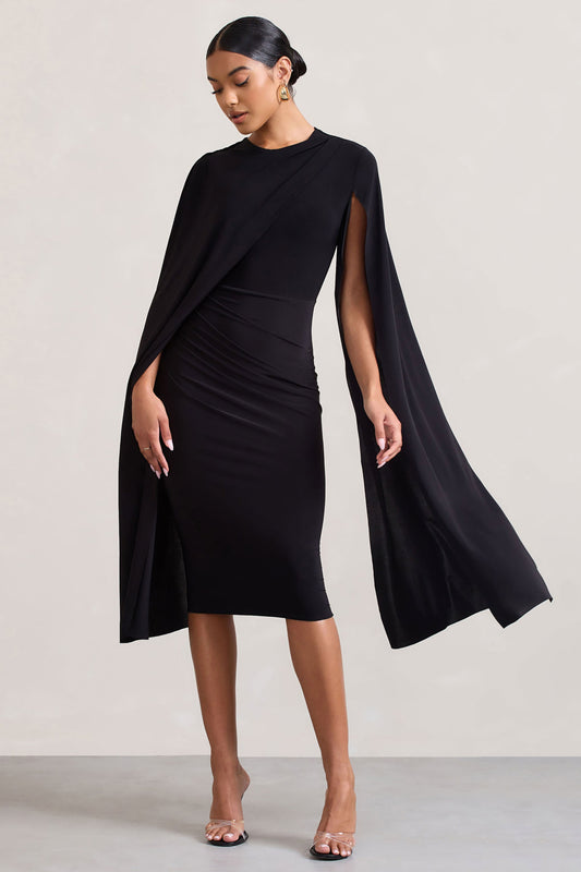 Marysol | Black Asymmetric Cape Midi Dress