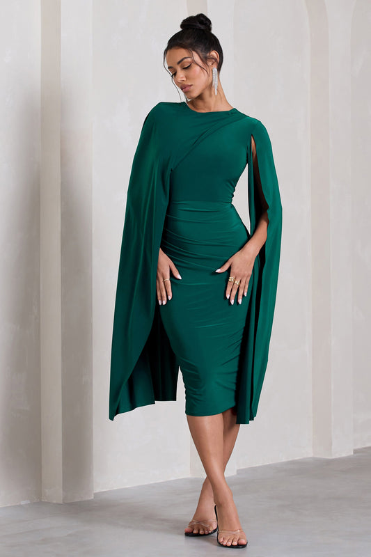 Marysol | Bottle Green Asymmetric Cape Midi Dress