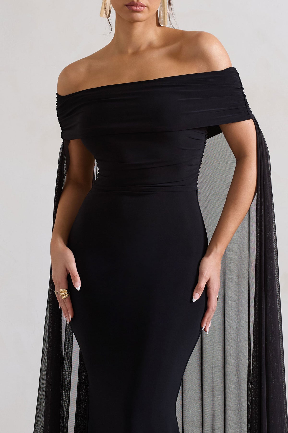 Carlotta | Black Bardot Maxi Dress With Chiffon Cape