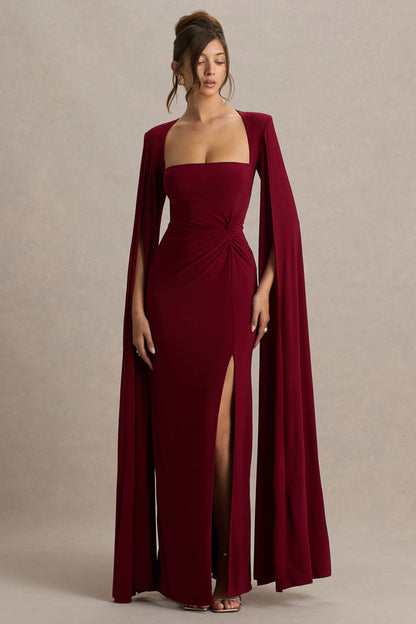 Claretta | Berry Square Neck Twisted Maxi Dress With Cape Sleeves