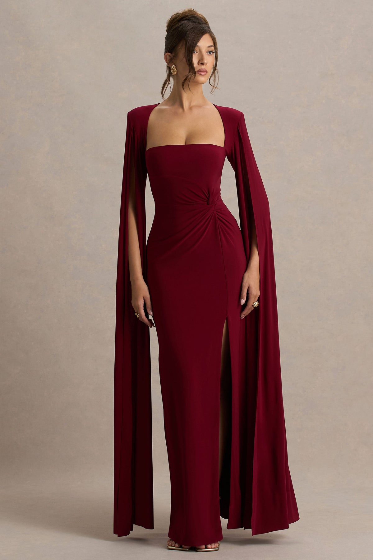 Claretta | Berry Square Neck Twisted Maxi Dress With Cape Sleeves