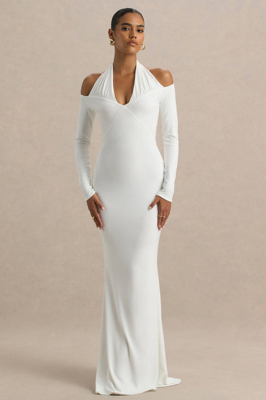Living High | White Halter-Neck Maxi Dress With Long Sleeves