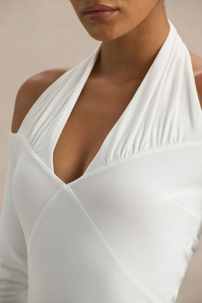 Living High | White Halter-Neck Maxi Dress With Long Sleeves