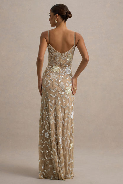 Gemini | Floral Sequin Hand-Embellished Strappy Maxi Dress