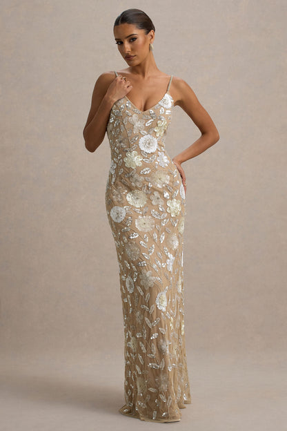 Gemini | Floral Sequin Hand-Embellished Strappy Maxi Dress