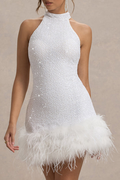 Lumi | White Sequin High-Neck Feather Trim Mini Dress