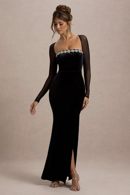 Ashby | Black Velvet Embellished Square-Neck Split Maxi Dress