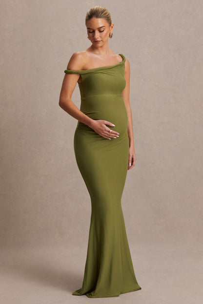 Lita | Olive Twisted Asymmetric Maternity Maxi Dress