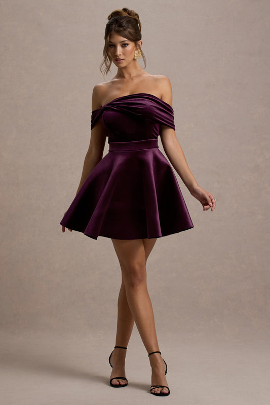 Dede | Port Velvet Bow Bardot Skater Mini Dress