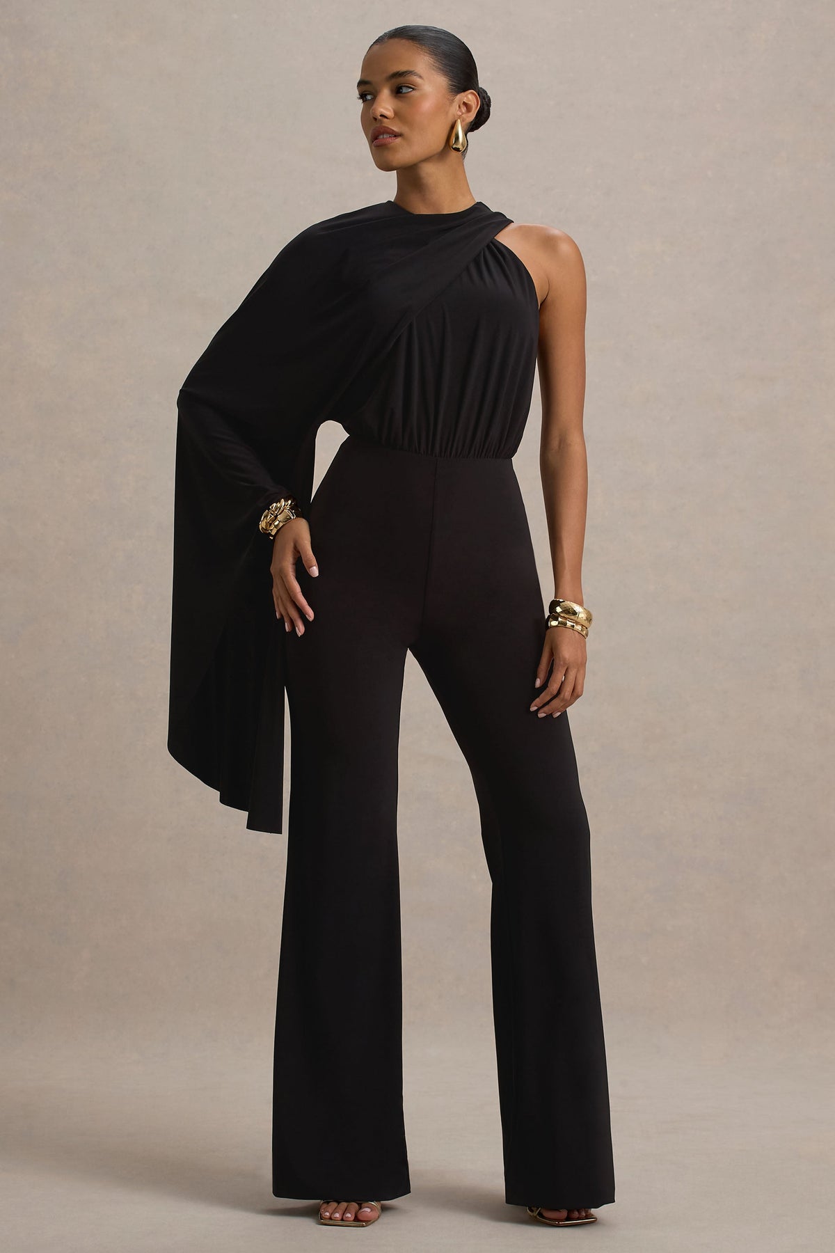 Asra | Black High-Neck Flared-Leg Jumpsuit With Cape Sleeve