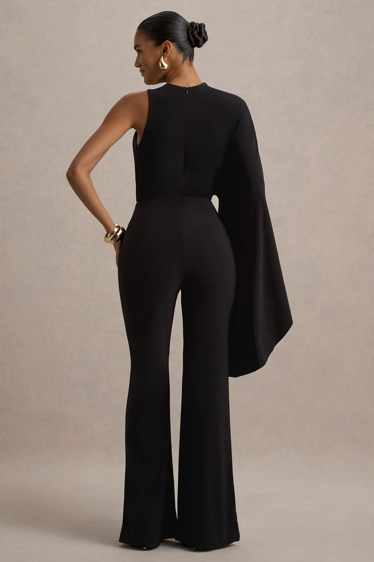 Asra | Black High-Neck Flared-Leg Jumpsuit With Cape Sleeve