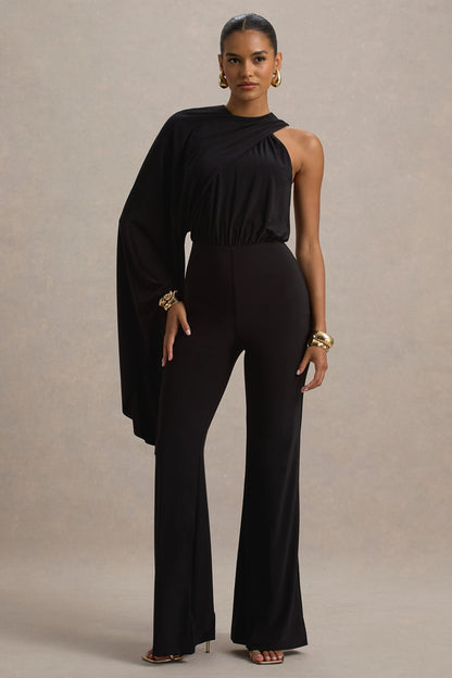 Asra | Black High-Neck Flared-Leg Jumpsuit With Cape Sleeve
