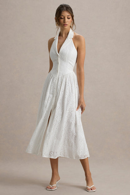 Jezebel | White Lace Plunge-Neck Collared Midi Dress
