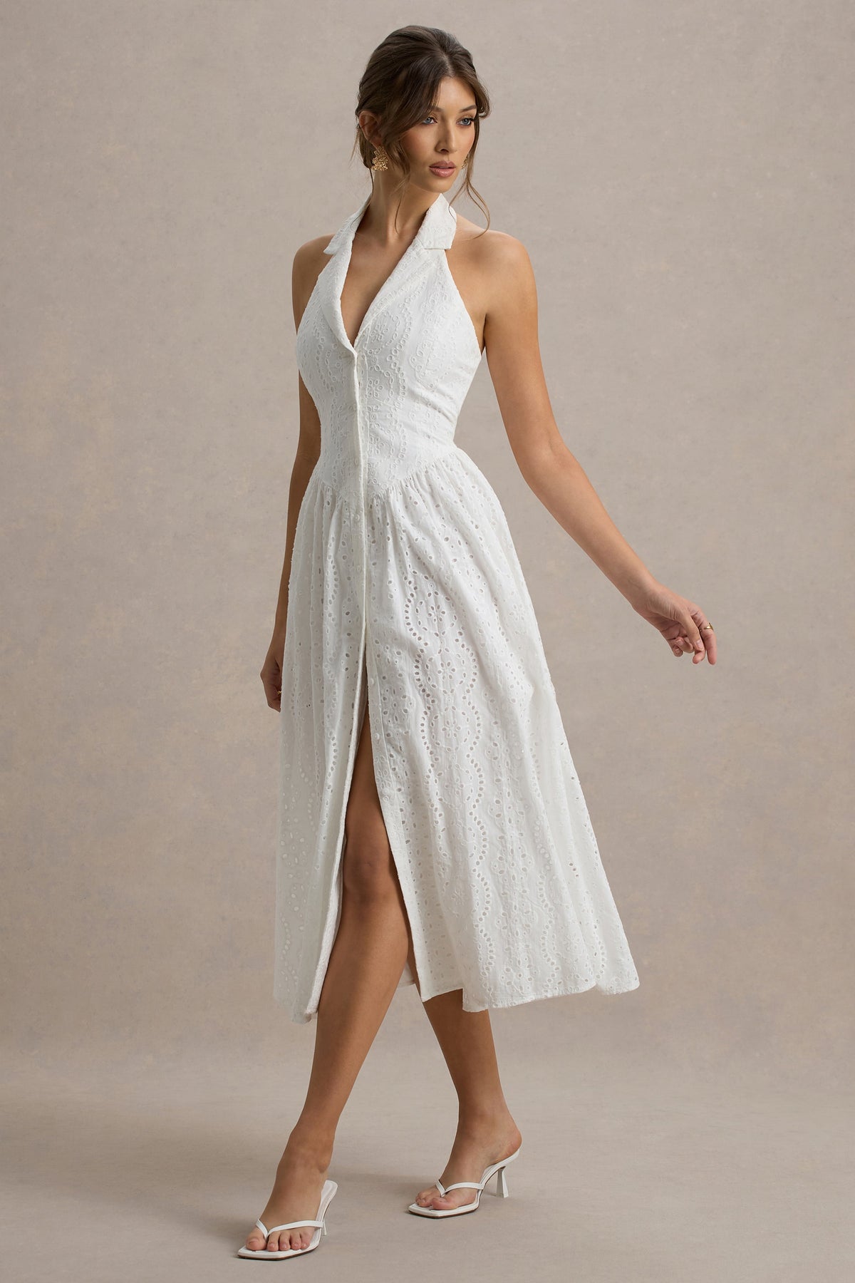 Jezebel | White Lace Plunge-Neck Collared Midi Dress