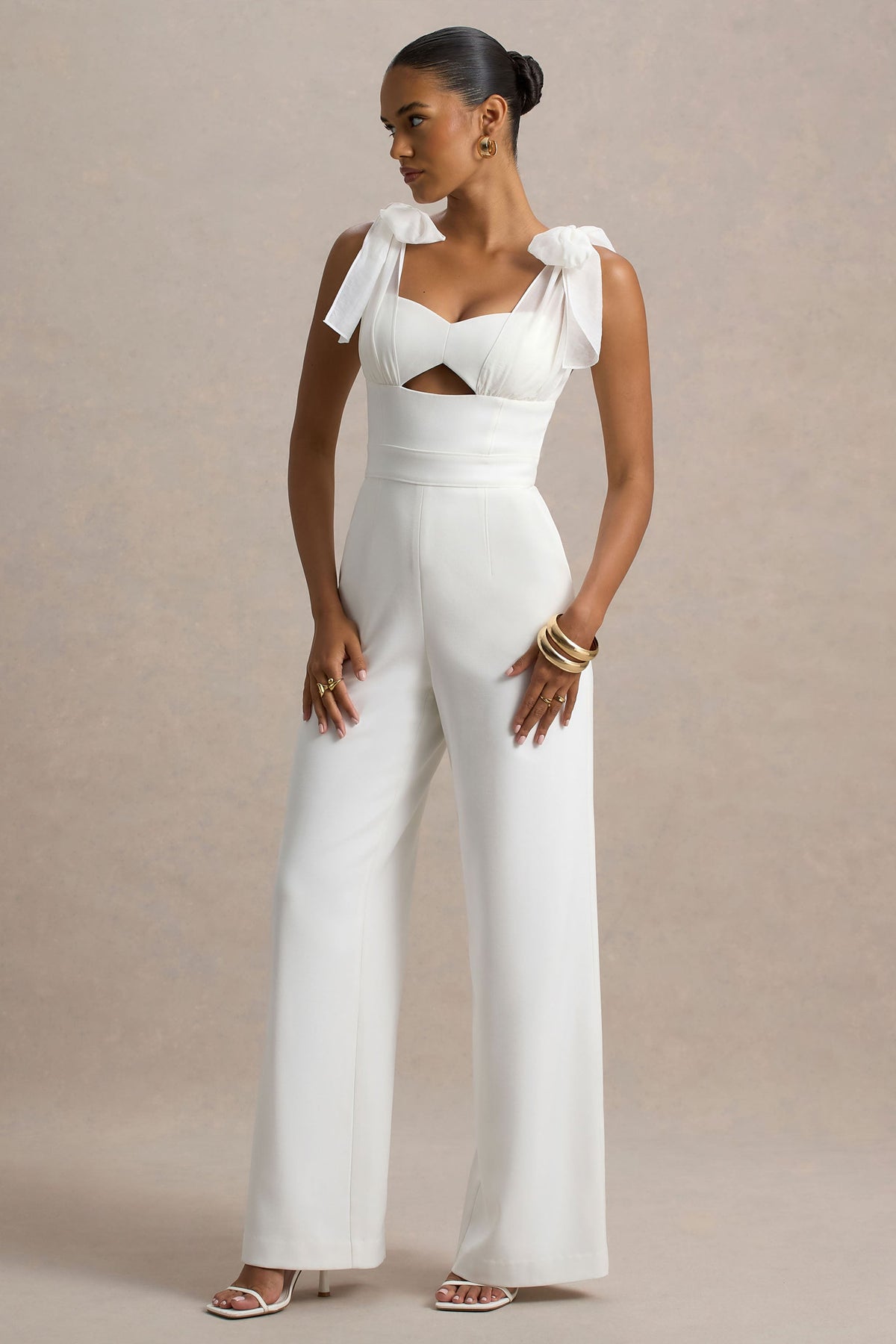 Claudelle | White Flared-Leg Jumpsuit With Organza Bow Straps