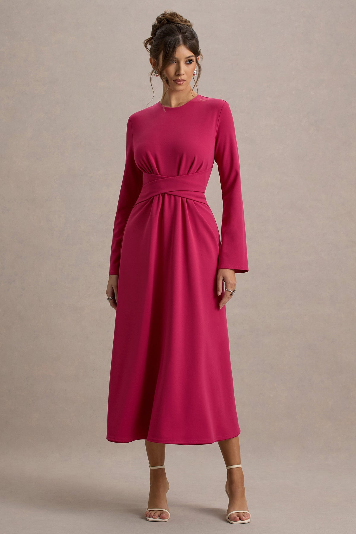 Cassiopeia | Hot Pink Long-Sleeve Midi Dress With Cross Waist