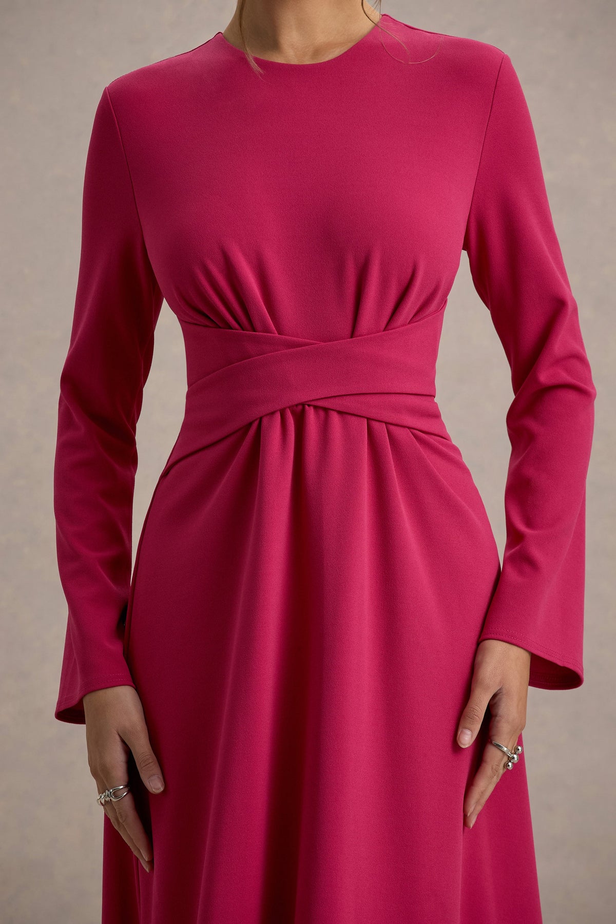 Cassiopeia | Hot Pink Long-Sleeve Midi Dress With Cross Waist