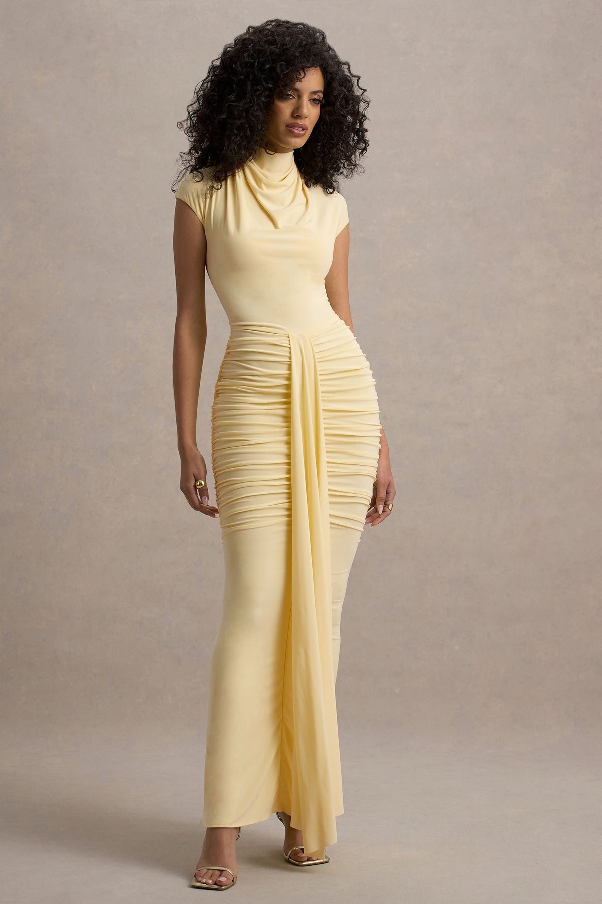 Lorenza | Pale Lemon High-Neck Ruched Maxi Dress With Draped Skirt