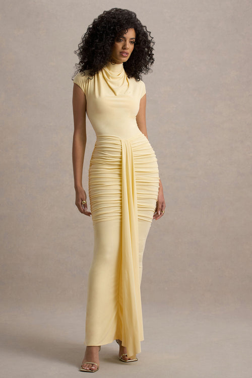 Lorenza | Pale Lemon High-Neck Ruched Maxi Dress With Draped Skirt