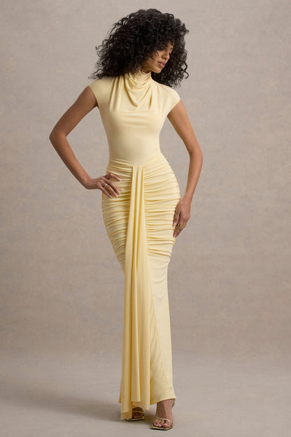 Lorenza | Pale Lemon High-Neck Ruched Maxi Dress With Draped Skirt