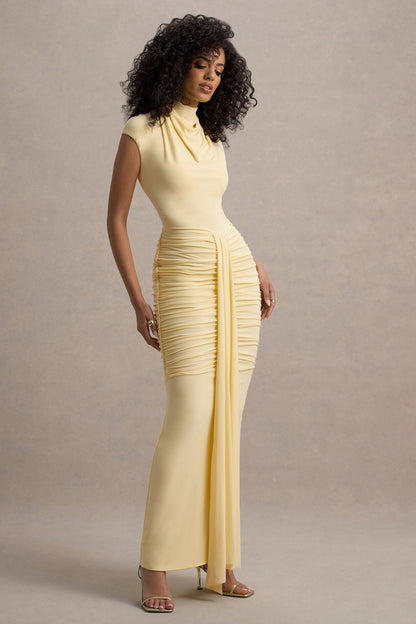 Lorenza | Pale Lemon High-Neck Ruched Maxi Dress With Draped Skirt