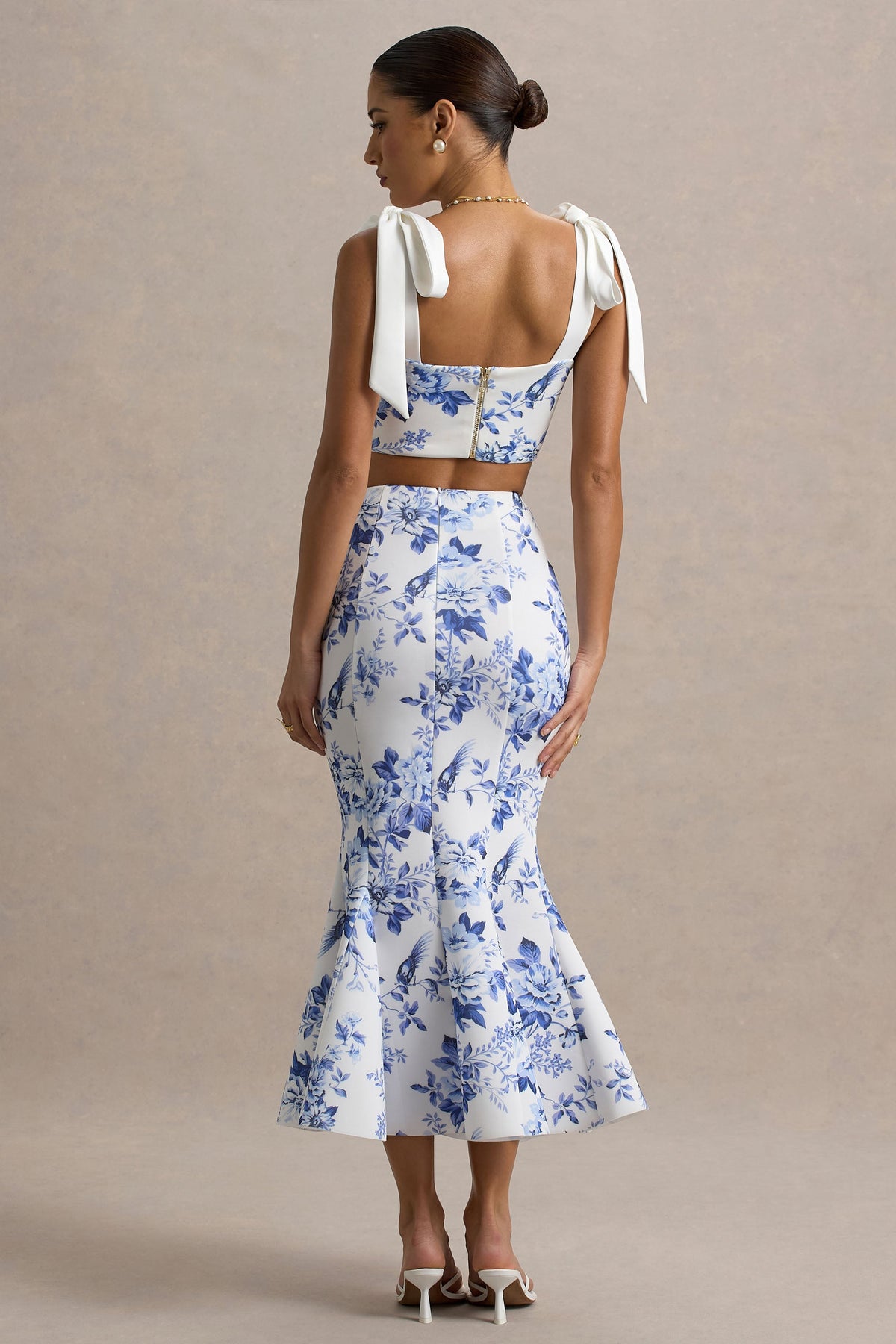 Amadea | Blue Porcelain Print Fishtail Midi Skirt