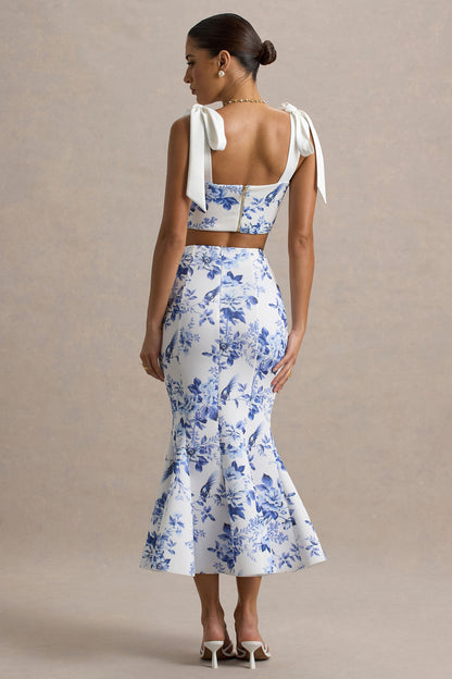 Amadea | Blue Porcelain Print Fishtail Midi Skirt
