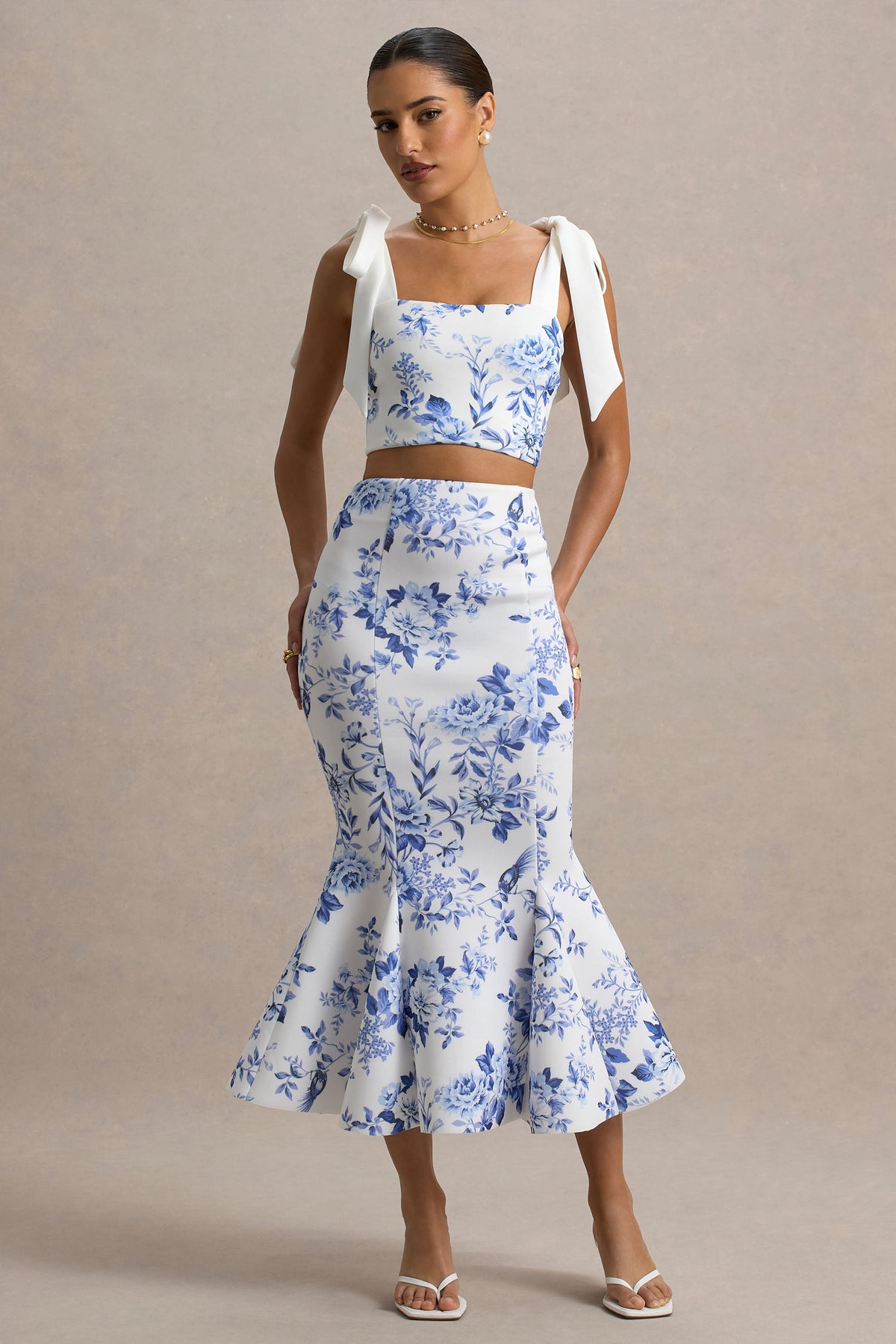 Amadea | Blue Porcelain Print Fishtail Midi Skirt