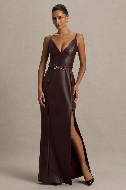 Lila | Burgundy Faux Leather Plunge-Neck Maxi Dress With Split
