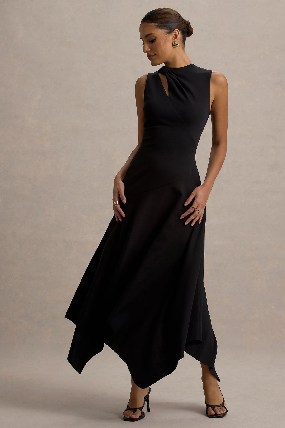 Francesca | Black Knotted Midi Dress With Handkerchief Hem