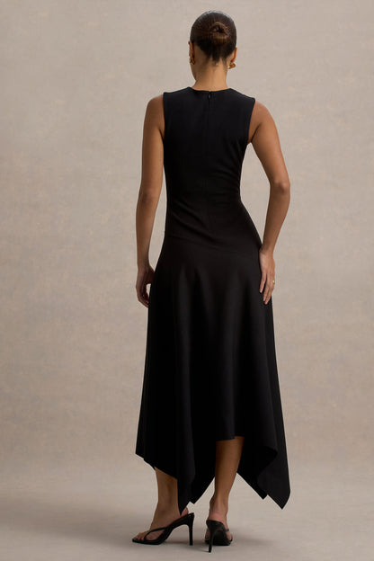 Francesca | Black Knotted Midi Dress With Handkerchief Hem
