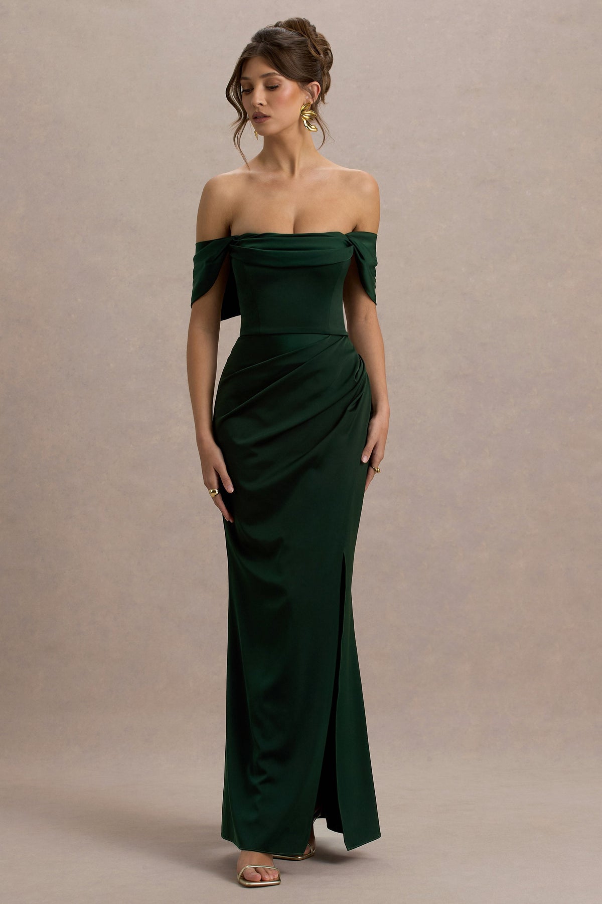 Annie | Bottle Green Satin Bardot Maxi Dress With Split Wrap Skirt