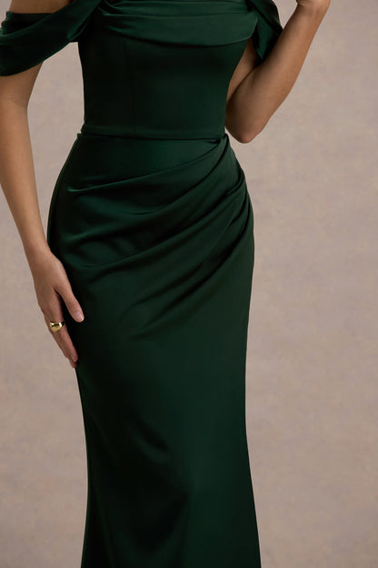 Annie | Bottle Green Satin Bardot Maxi Dress With Split Wrap Skirt