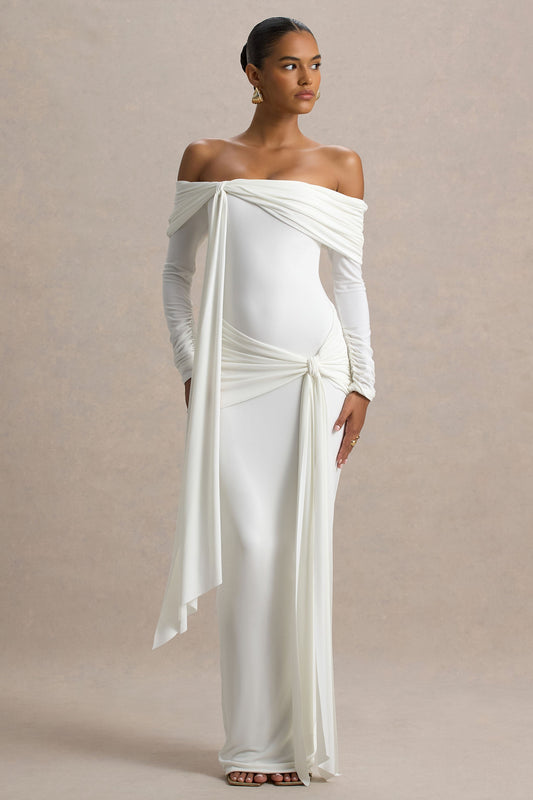 Jovie | White Bardot Wrap Maxi Dress With Sash Detail