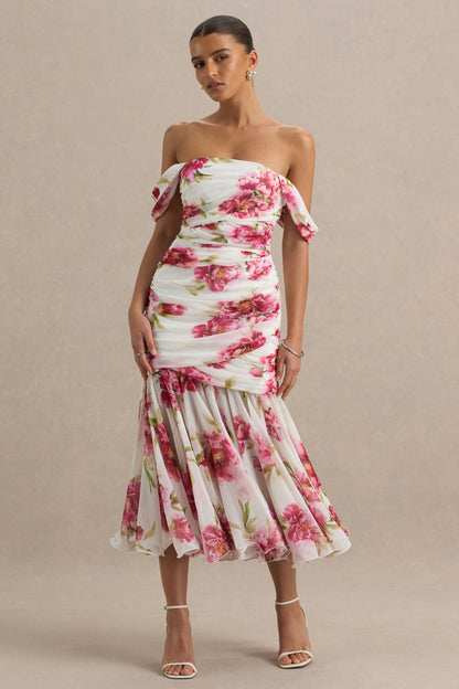 Madelyn | Cream Floral Print Short-Sleeve Bardot Wrap Maxi Dress With Ruching
