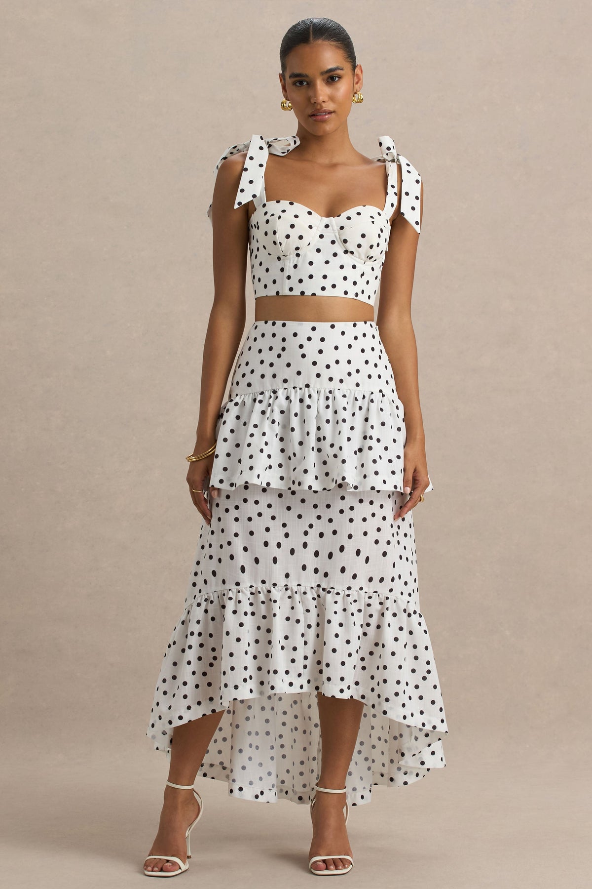 Emry | White Polka Dot High-Waist Maxi Skirt With Ruffle Detail