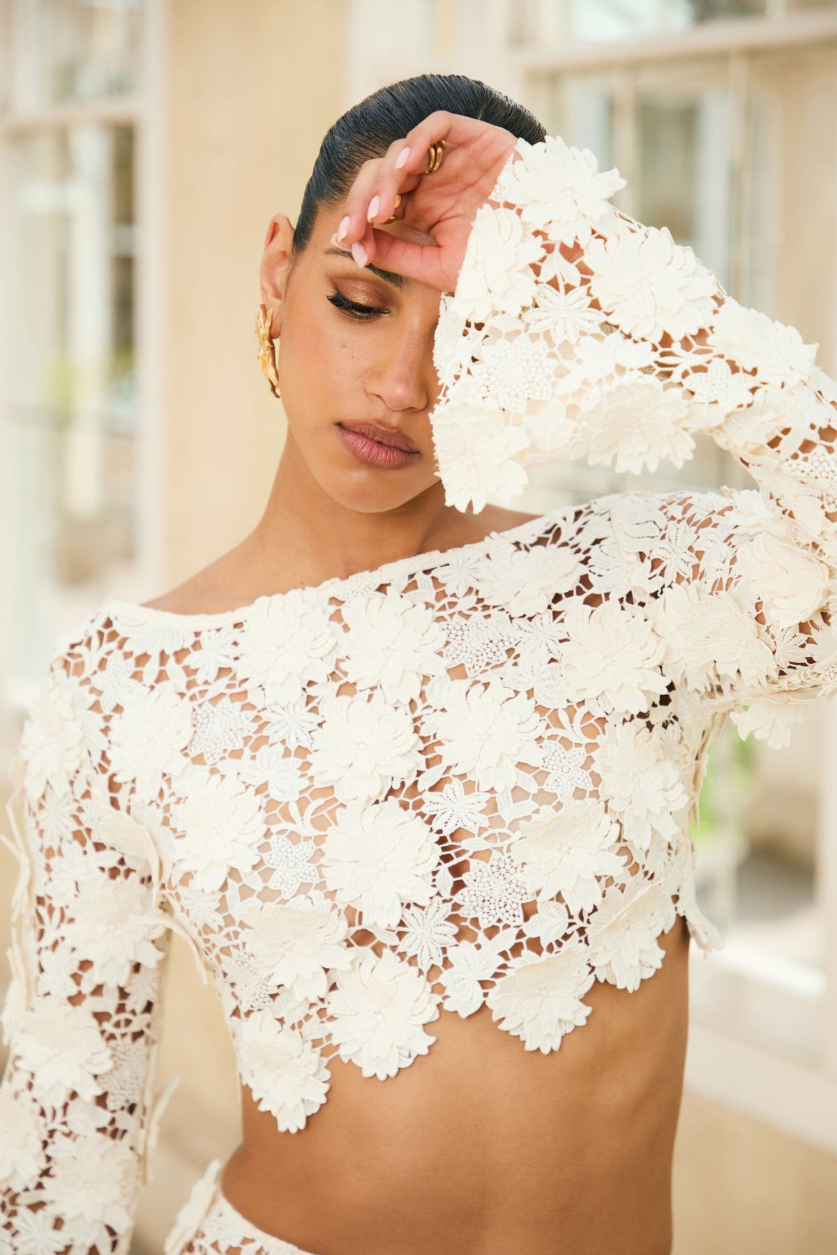 Ibiza | Cream Lace Bell-Sleeve Crop Top