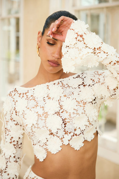 Ibiza | Cream Lace Bell-Sleeve Crop Top